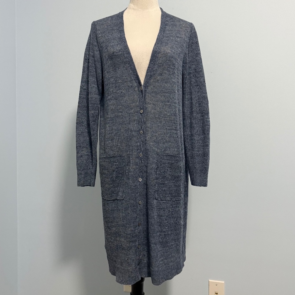 Eileen Fisher‎ 100% Organic Linen Button Down Blue Long Cardigan Size M